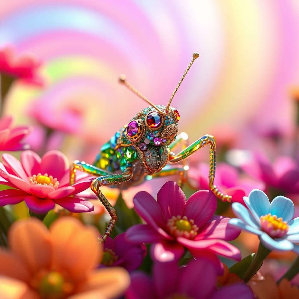 Glowing Anime Grasshopper in Vibrant Flower Garden