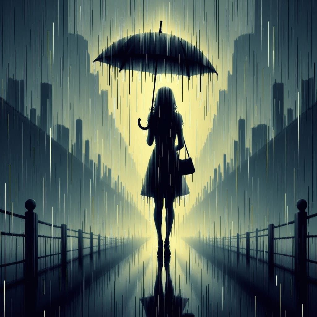 <lora:Dripping:1.0> a silhouette of a woman in the rain with an umbrella. 2 colors only.
