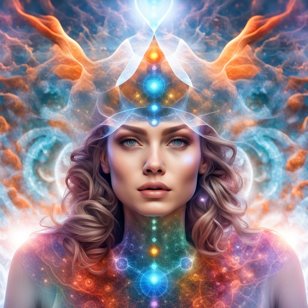 cosmos_ double exposure onto _a beautiful woman's face_ 7 chakras ...