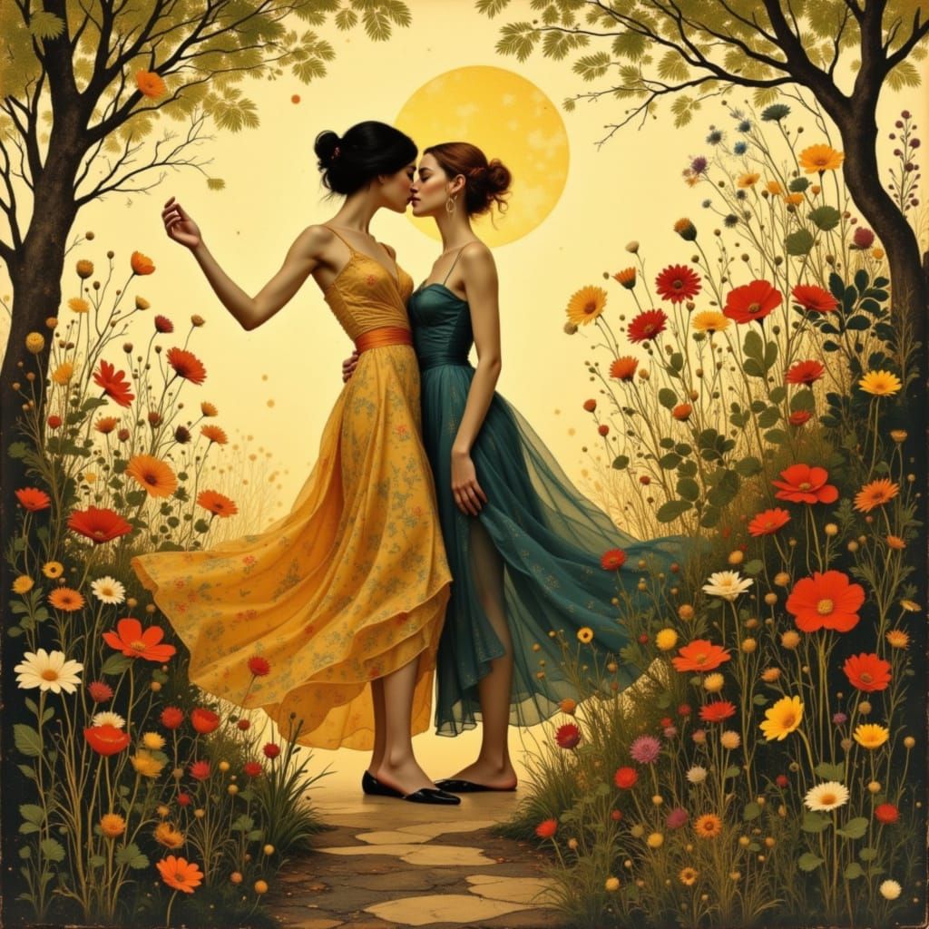 Lesbian Couple Dancing in Sunlit Garden, Art Nouveau Style