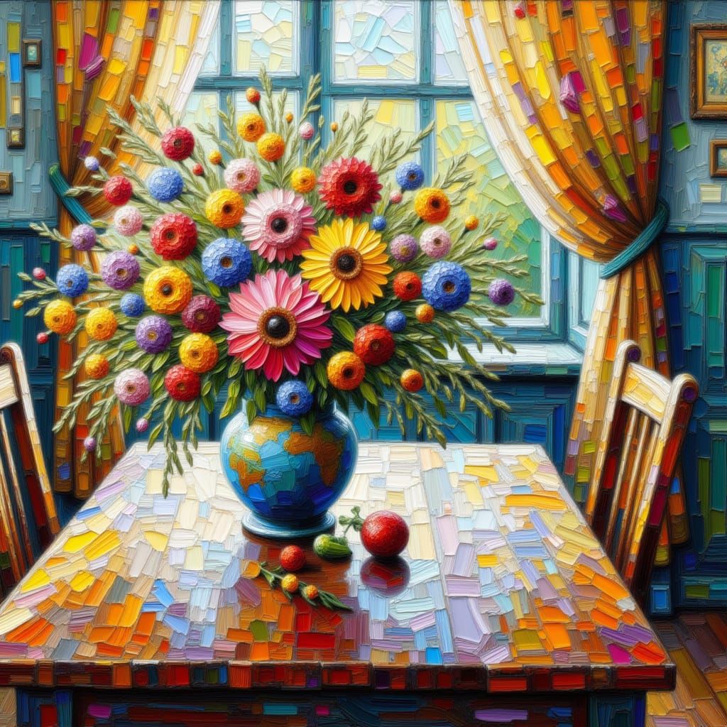 <lora:Craquelure Paint:1.0> a vase with flowers on a kitchen table, window with curtains.....craquelure, painted in a vibrant colors, impast...