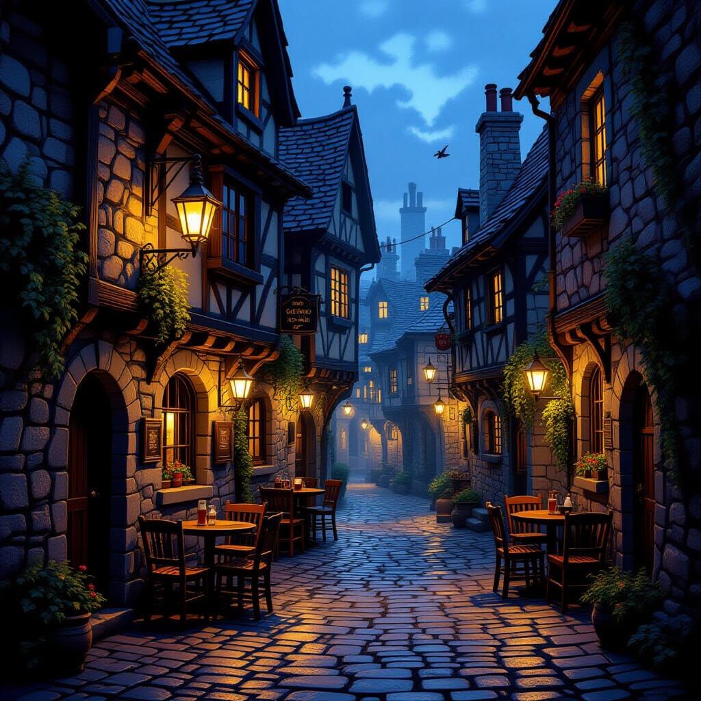 Taverns and Alleyways! Picture the winding stone streets of old towns, filled with flickering lanterns, ...  by @LordSamourai
