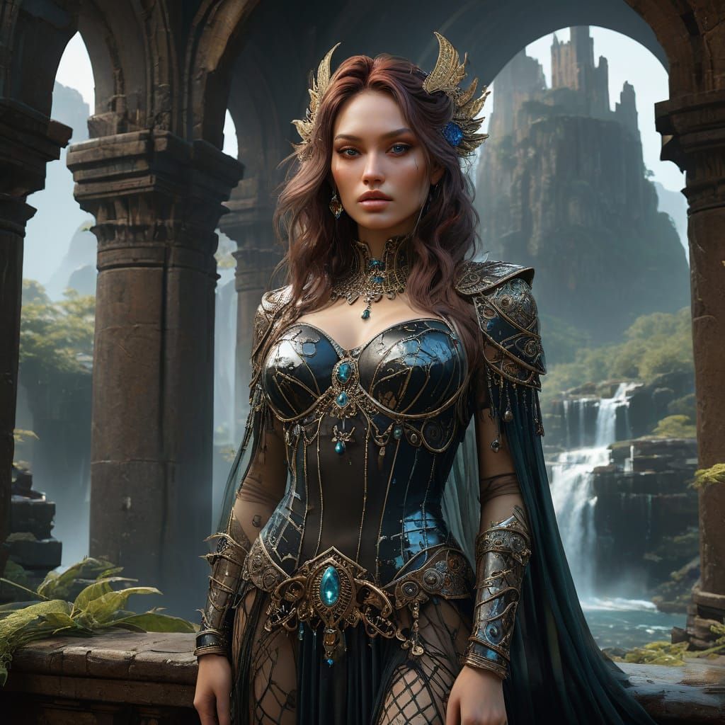 Regal Warrior Queen on Throne in Dreamlike Landscape