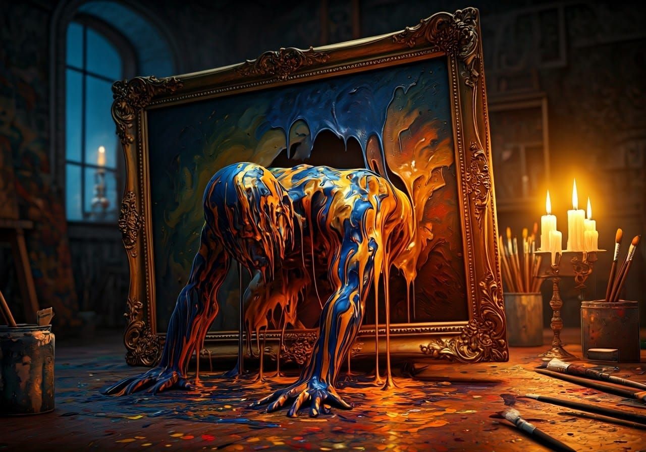 A surreal and hyper-detailed cinematic scene of a character emerging from a painted canvas, transforming ...  by @JuiceBox