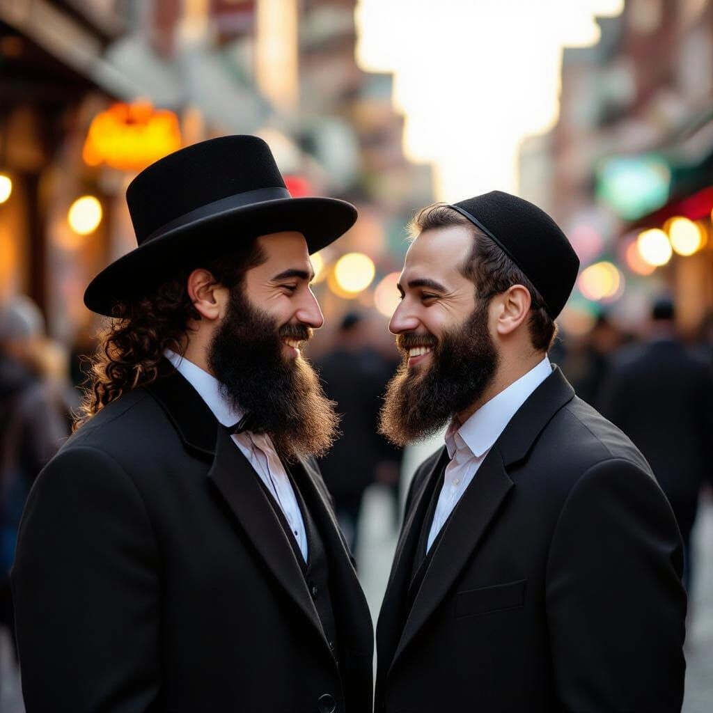 Two Hasidic Men Share Affection in Golden Hour Light