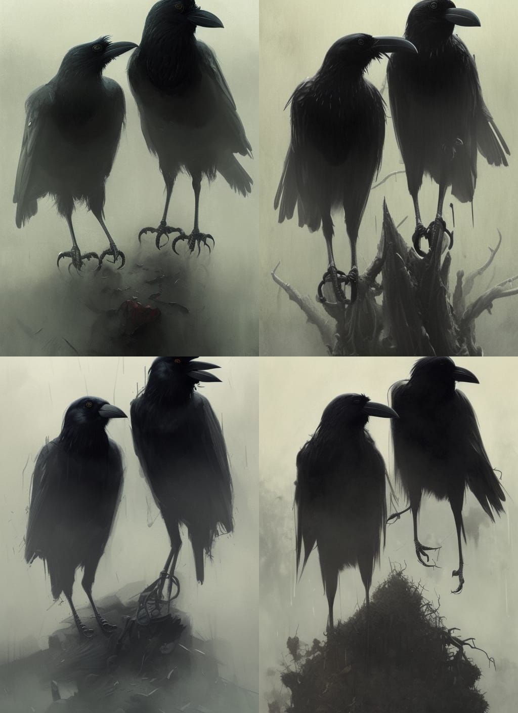 Two crows in the mist, hyperdetailed hyperrealism eldritch b...