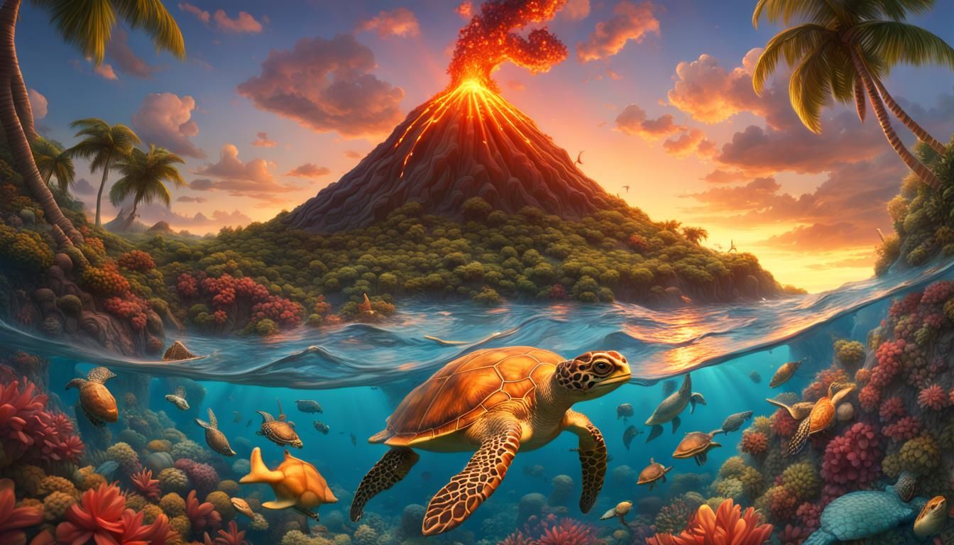 Tropical island with a volcano flower, sea turtles, mermaid woman, Studio Ghibli Boris Vallejo, Dean ...  by @Jasmine TwistedCupid