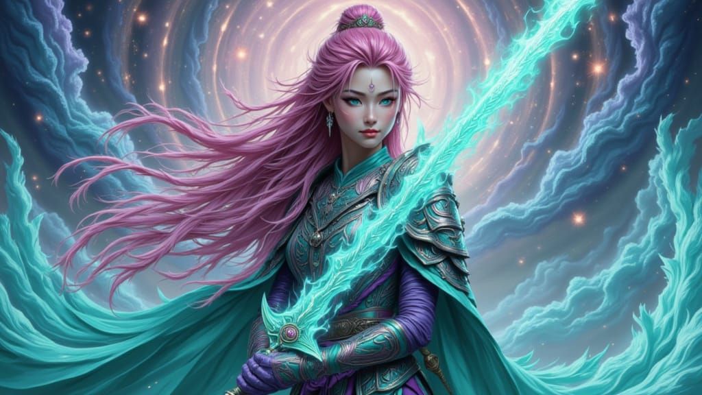 <lora:Hyperrealism Loves U:1.0> Create a strong and triumphant Asian character, inspired by a notable historical figure. She has long pinkis...