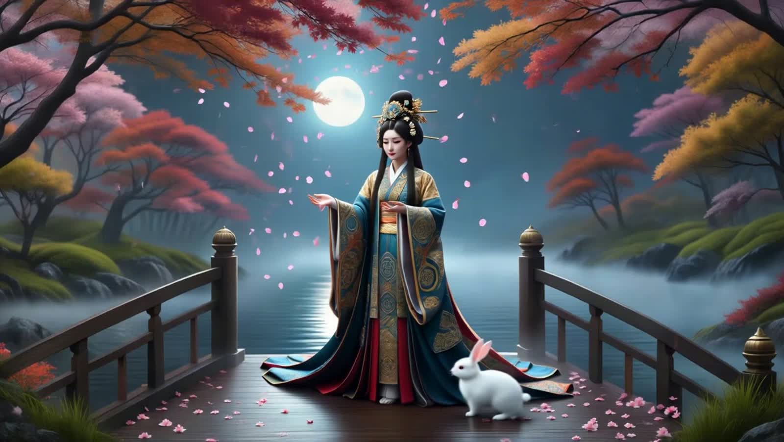 the white rabbit hop around and around. A solitary geisha, adorned in an ornate kimono patterned with ancient symbols, s...