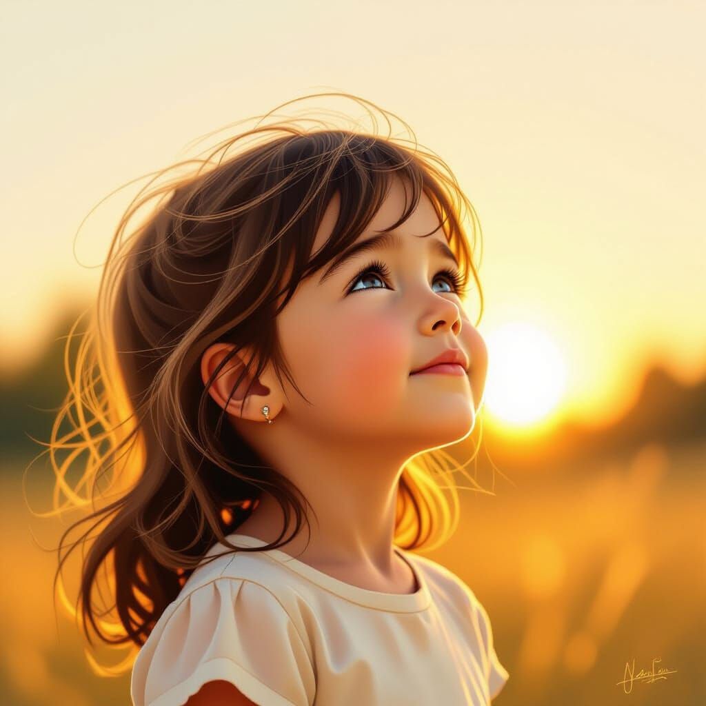 Young Girl Squinting in Golden Hour Sunlight