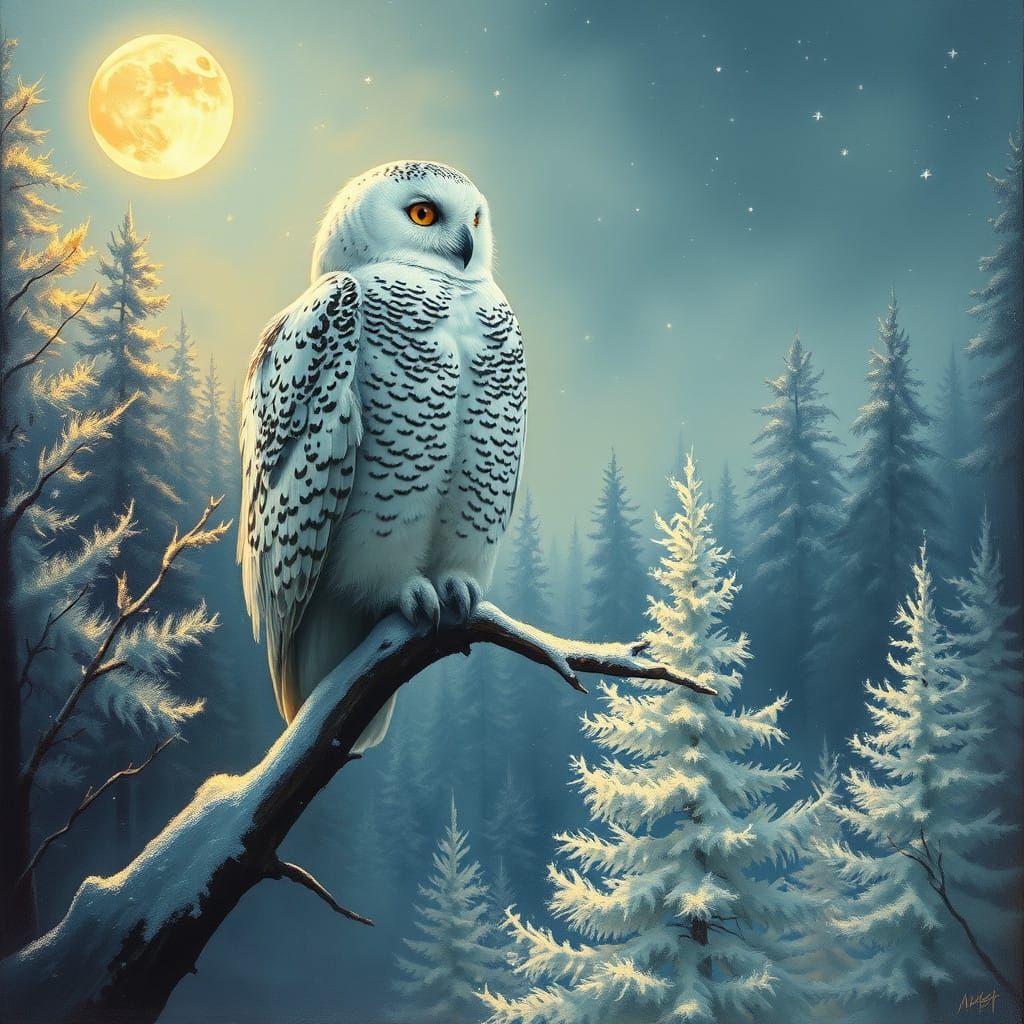 A snowy owl in a moonlit snowy forest  by @axelb