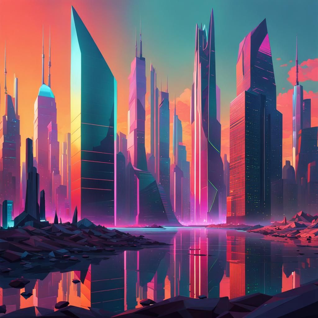 A brilliant crystalline cityscape, slick futuristic, luminous, tetradic ...