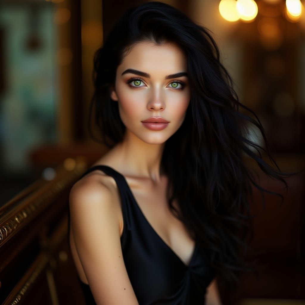 <lora:Double Photoreal v2:1.0> Photorealistic portrait of a beautiful woman with black hair and green eyes, background slightly out of focus