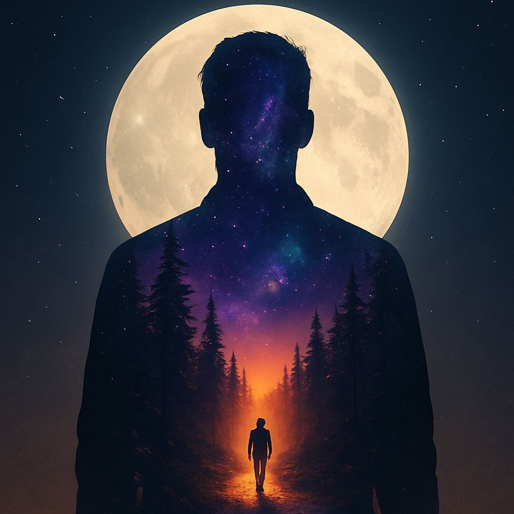 Double Exposure: Man, Moon, and Inner Forest