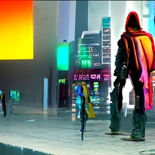 hooded man walking alone in a large neon city at night