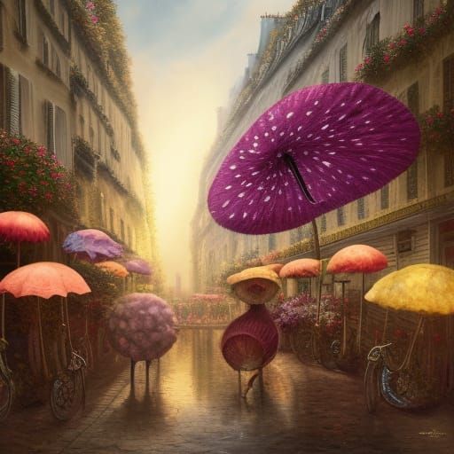 A scene in Paris, made of a dozen different umbrellas, all o...