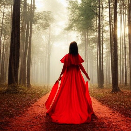 A Beautiful Woman dressed in red at sunrise in the dark fore...