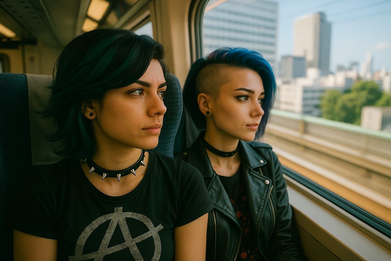 punk girls on train - from Okinawa to Tokyo, almost there