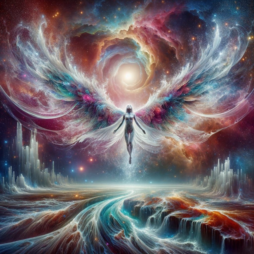 An angelic figure descends from a swirling nebula, cloaked in starlight and cosmic dust. The background is a vast, uncharted alien planet wi...