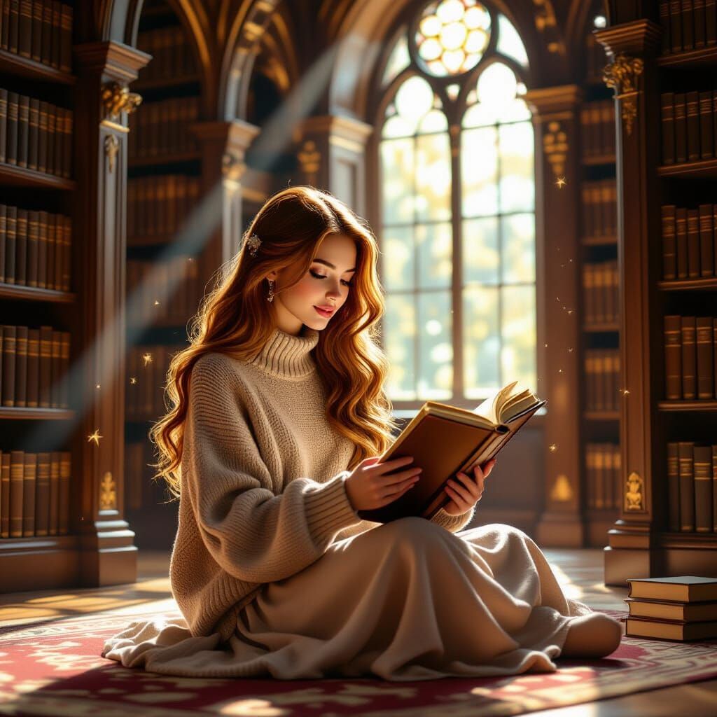 Beatiful girl, sitting crossed legged in a library, dirfting into the fanytsy of books  by @Artistic_Aliyah