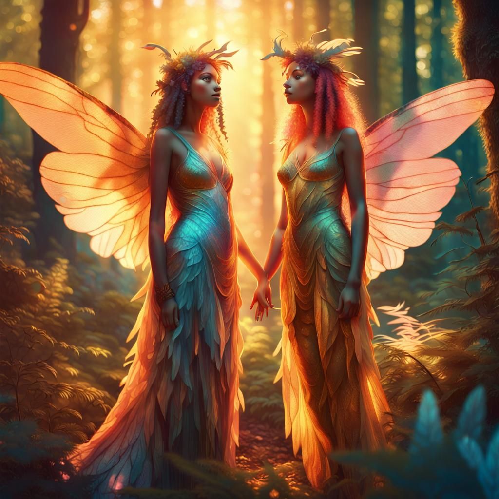 Mythical Nymphs in Sunlit Forest: Digital Illustration