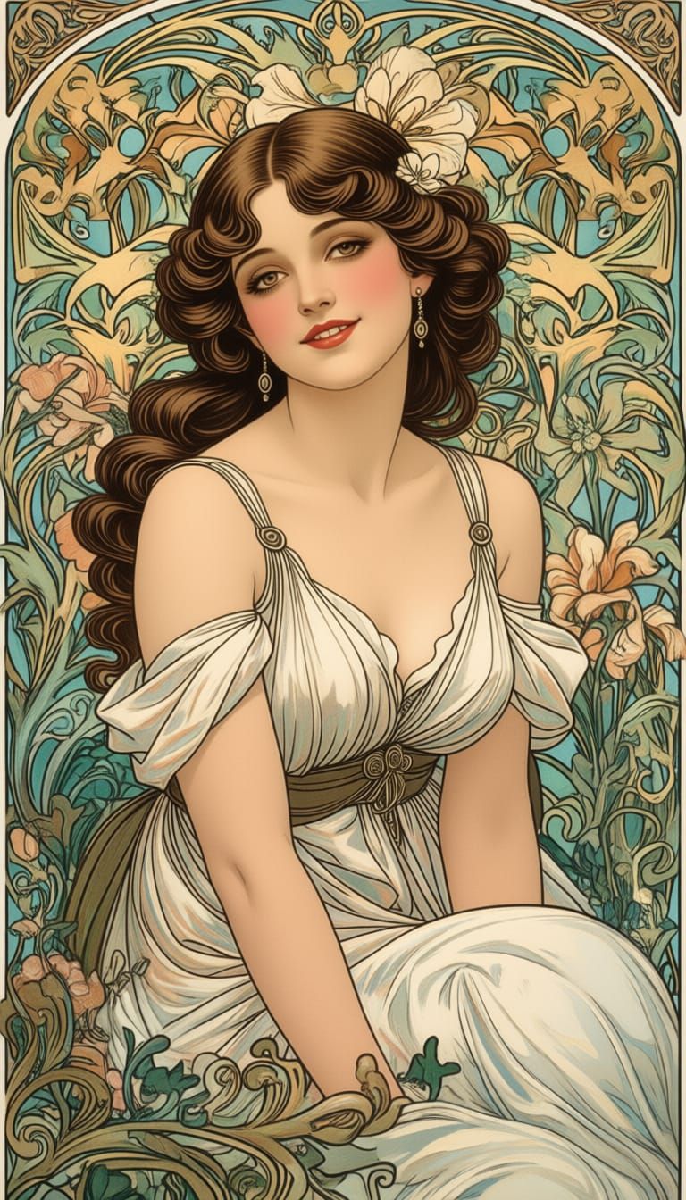 breathtaking (best quality colored oil painting, Art Nouveau masterpiece by Alfons Mucha, colorful, highest detailed, vivid vibrant colors),...