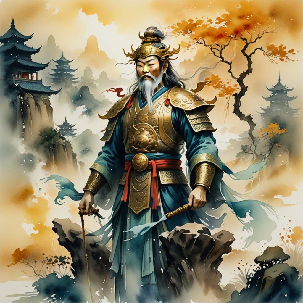 Ethereal Mist Deity in Chinese Watercolor