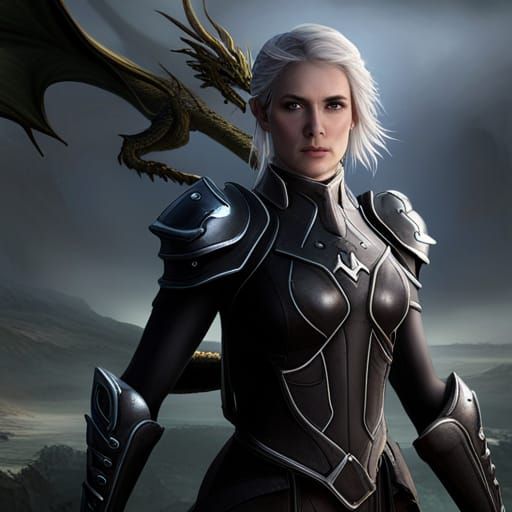 young woman with silver blonde hair wearing black armour wit...