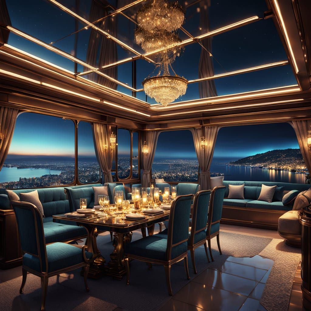 Luxurious Yacht Interior at Night in Cinematic Digital Matte...