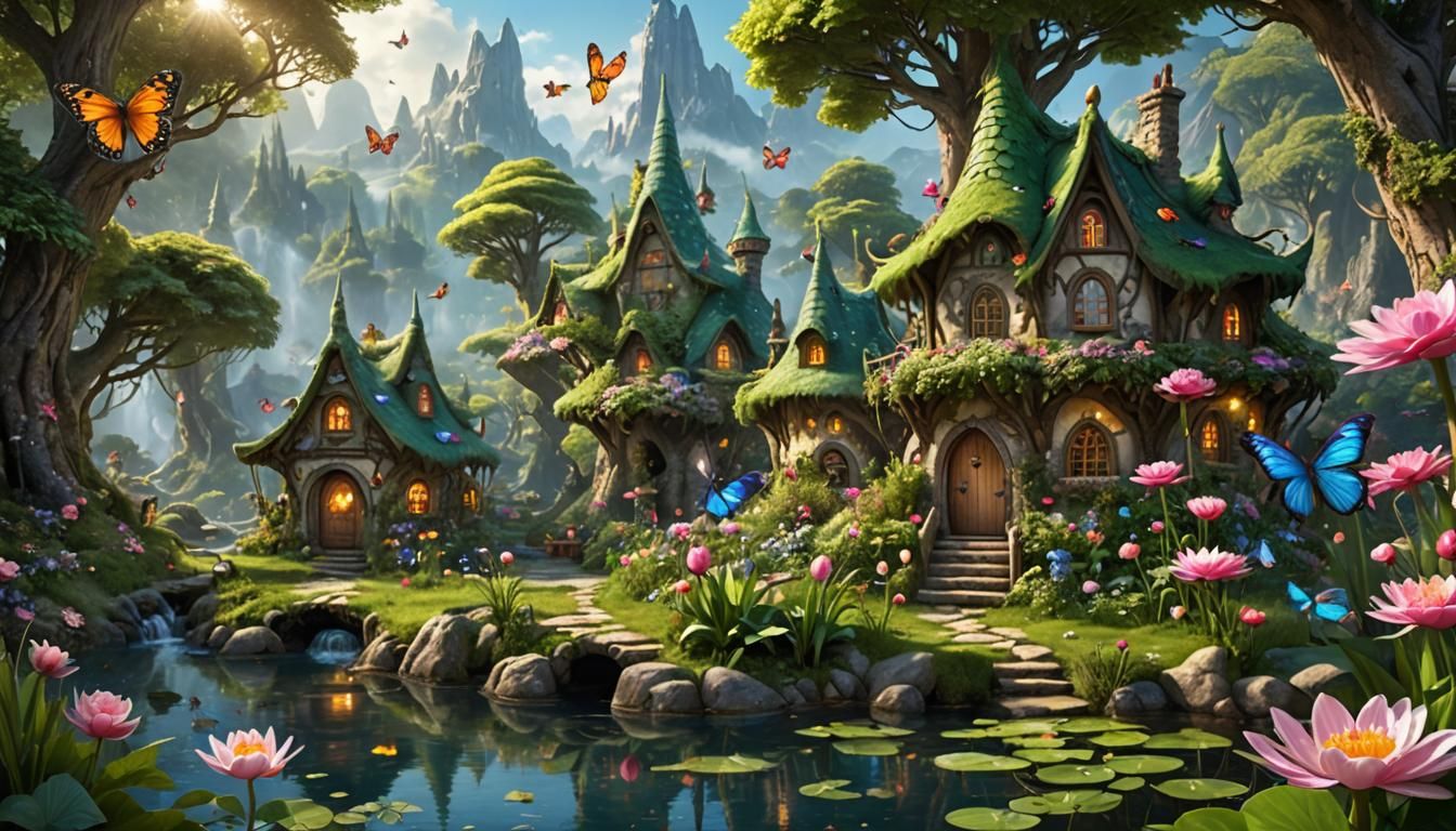 The most beautiful fairy village in a mystical world with a full body beautiful fairy in it perfect clarity ...  by @Lennis