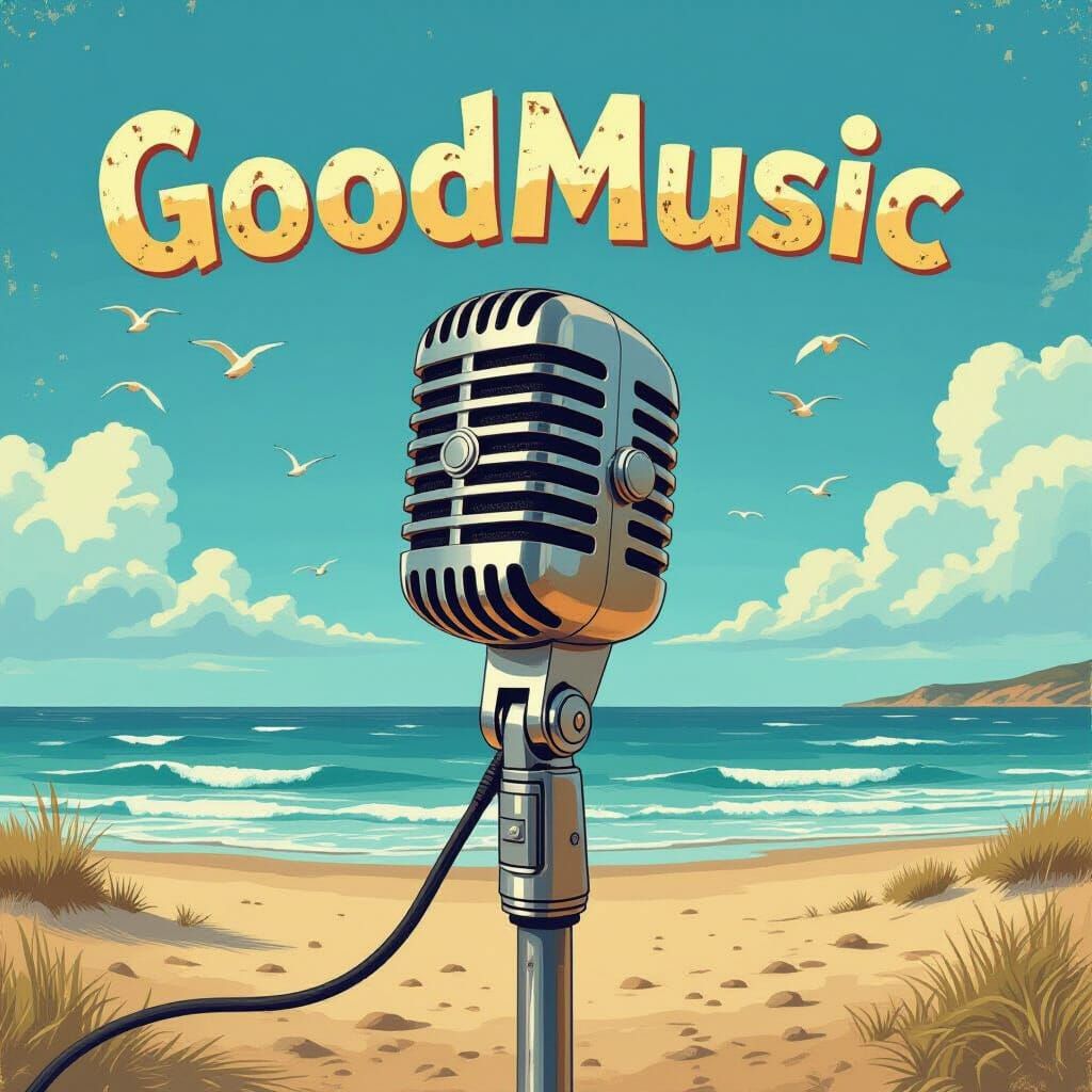 Beach Scene with Vintage Microphone, Digital Art