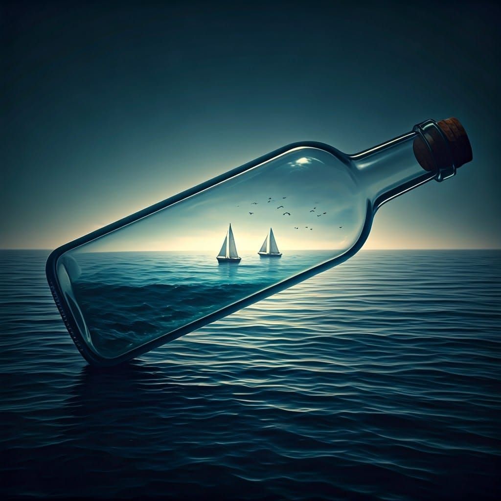 Inverted Bottle: Tranquil Sea in Surrealist Style