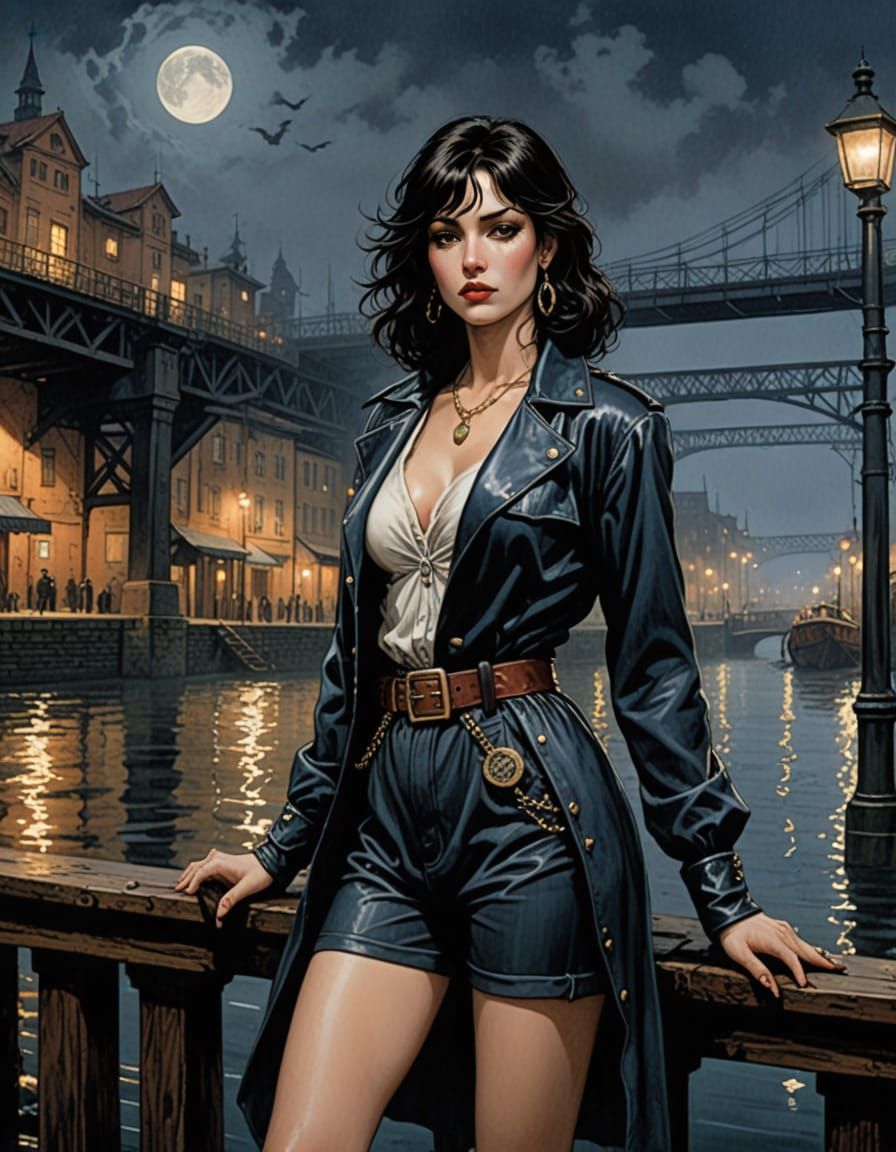 Femme Fatale in Foggy Nighttime Setting, Inspired by Classic...