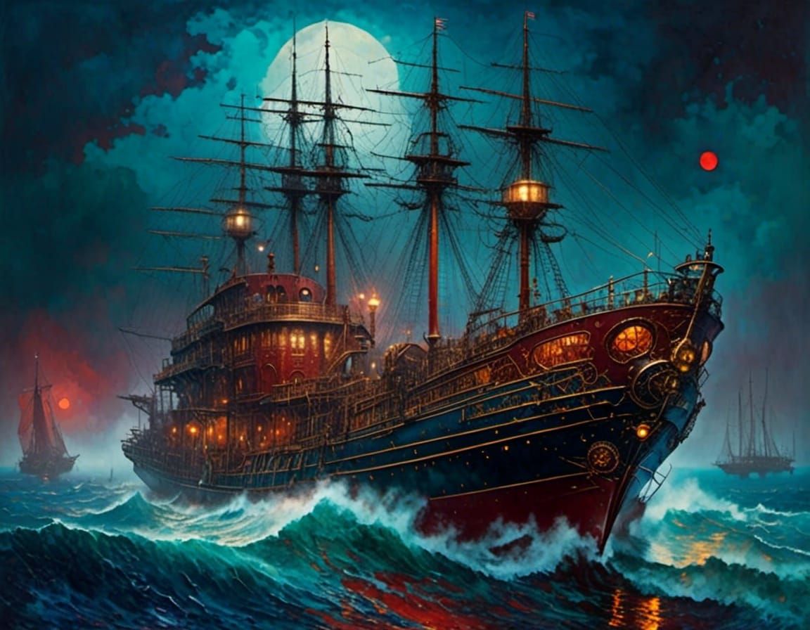 steampunk catamaran in stormy waether at night bloodmoon, backround: harbour, lighthouse <lora:Red blue nautica:1.0> ,  complementary colors...