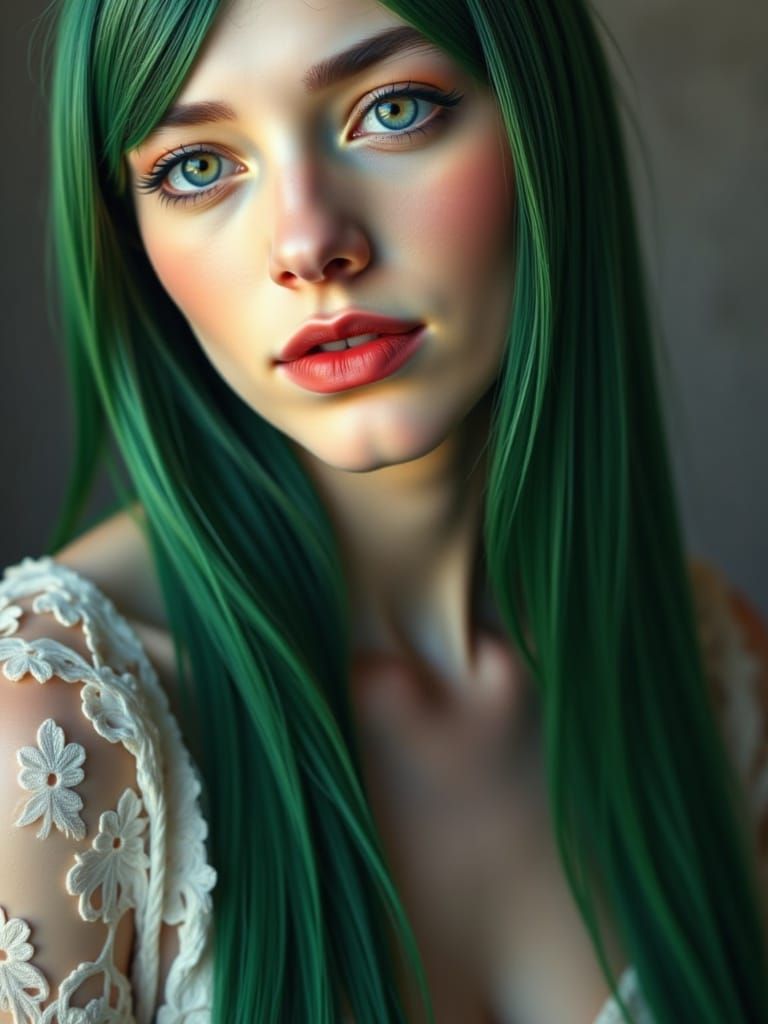 <lora:Boone:1.0> Hyper-realistic portrait of a young, elegant woman with fair skin. She has long, straight <green> hair, falling gently over...