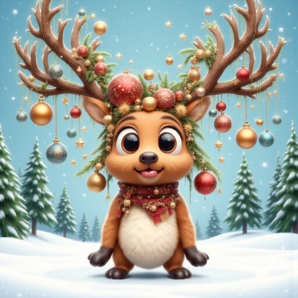 Whimsical Cartoon Reindeer Adorned for Christmas
