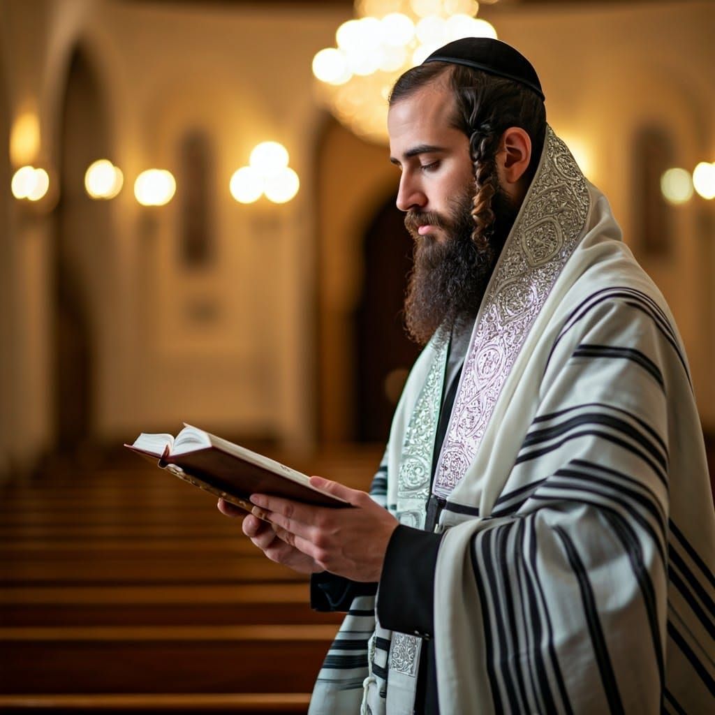 Handsome Hasidic Man Prays in Elegant Synagogue Setting