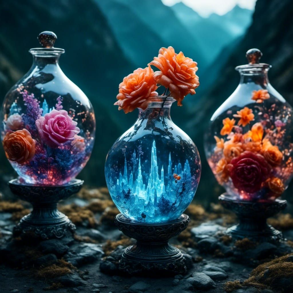 Elemental Vases with Fire, Water, Earth, and Air