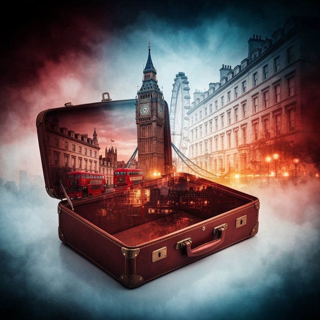Create a double exposure image where the inside of a vintage leather suitcase is beautifully transformed into a vibrant London cityscape. In...
