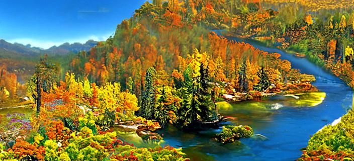 A beautiful painting of a river full of clear cystal deep bl...