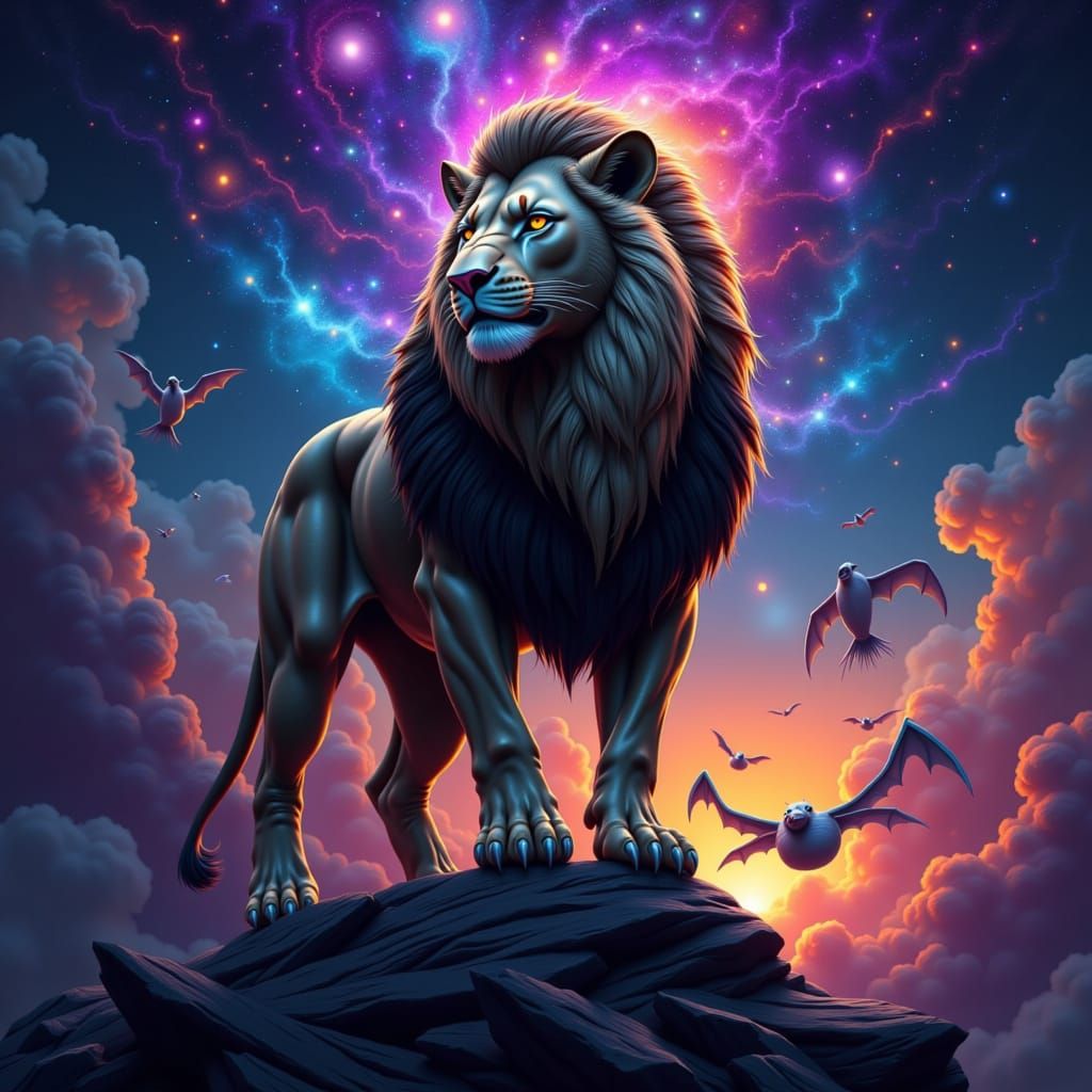 A majestic lion with a mane of stars stands proudly on a rocky outcrop overlooking a nebula. Digital painting. The scene is bathed in vibran...
