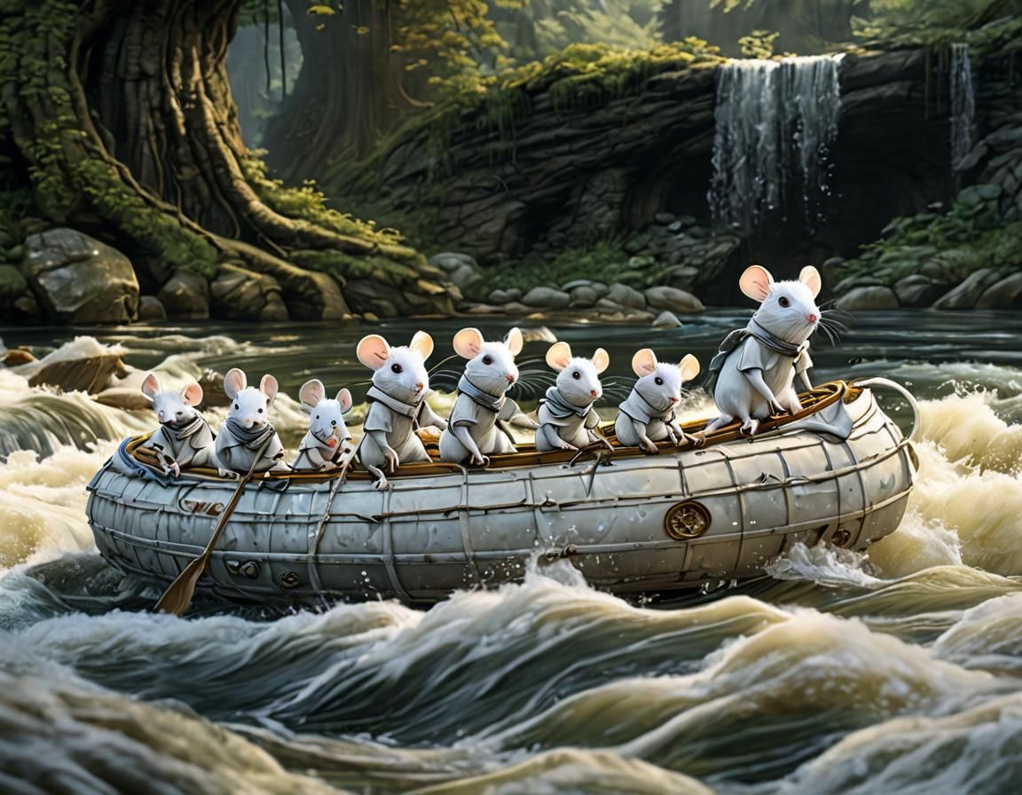 white mice plushies on raft riding down river rapids - AI Generated ...