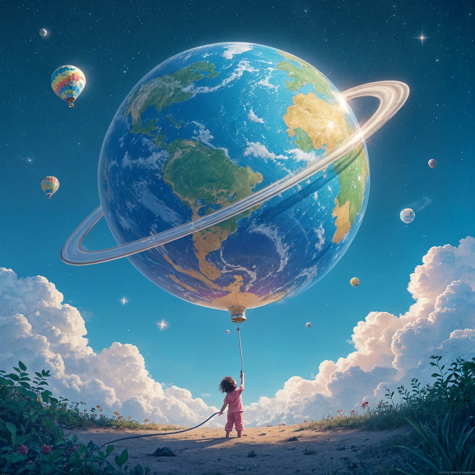 a giant inflatable balloon in the shape of a brightly colored planet, floating in deep space. A hose ...  by @Likra