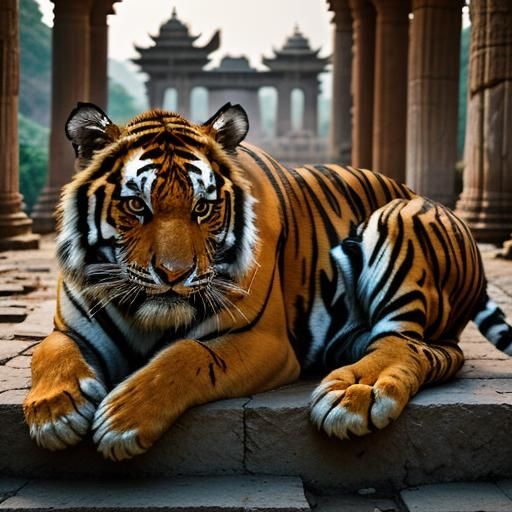 tiger jawning at the feet of the ruins of a temple in India - AI ...