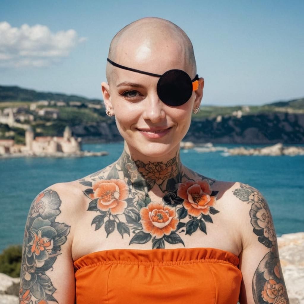 Portrait of smiling bald woman with beautiful flower tattoos wearing an eyepatch and strapless dress