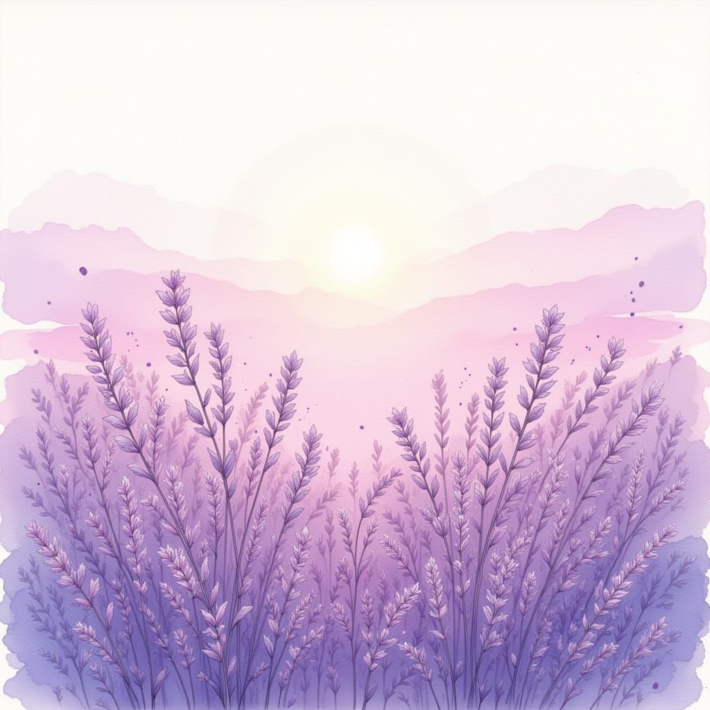 A field of lavender in full bloom under a bright midday sky, soft flowing watercolor wash, graduated purple gradients, delicate ink outlines...