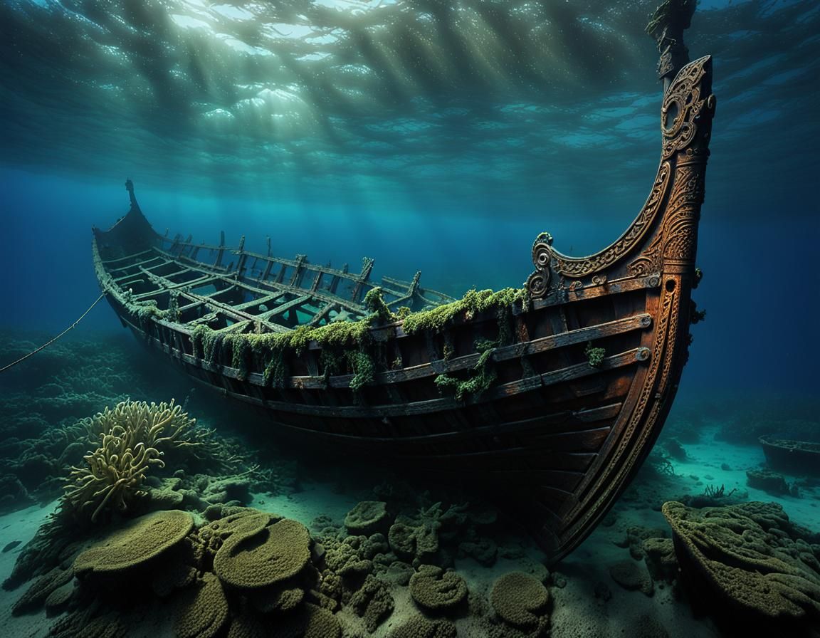 Ancient Viking long boat shipwreck on its side; a dark ocean floor ...