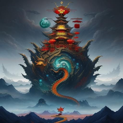 Chinese Dragon Dance in Surreal Digital Art Style