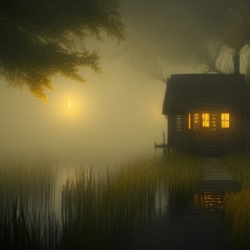 shack on the swamp with heavy fog all lite up   by @Patsy 