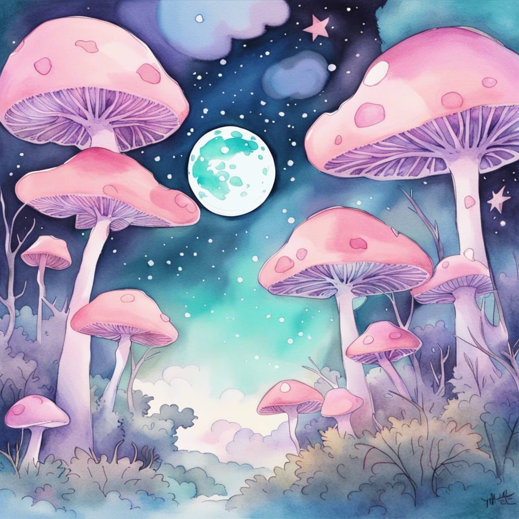 Purple and Teal colored Mushrooms in a dreamy forest under t...